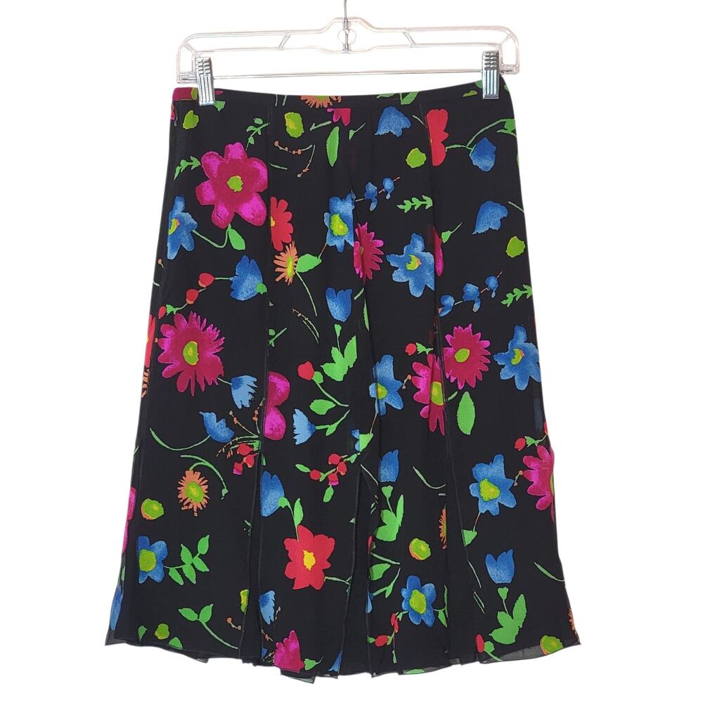 Vintage Carlisle Silk Floral A-Line Mini Skirt Black Pink Size 4 Retro